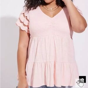 Torrid Cotton Modal Slub V-Neck Smocked Bodice Eyelet Sleeve Babydoll Top